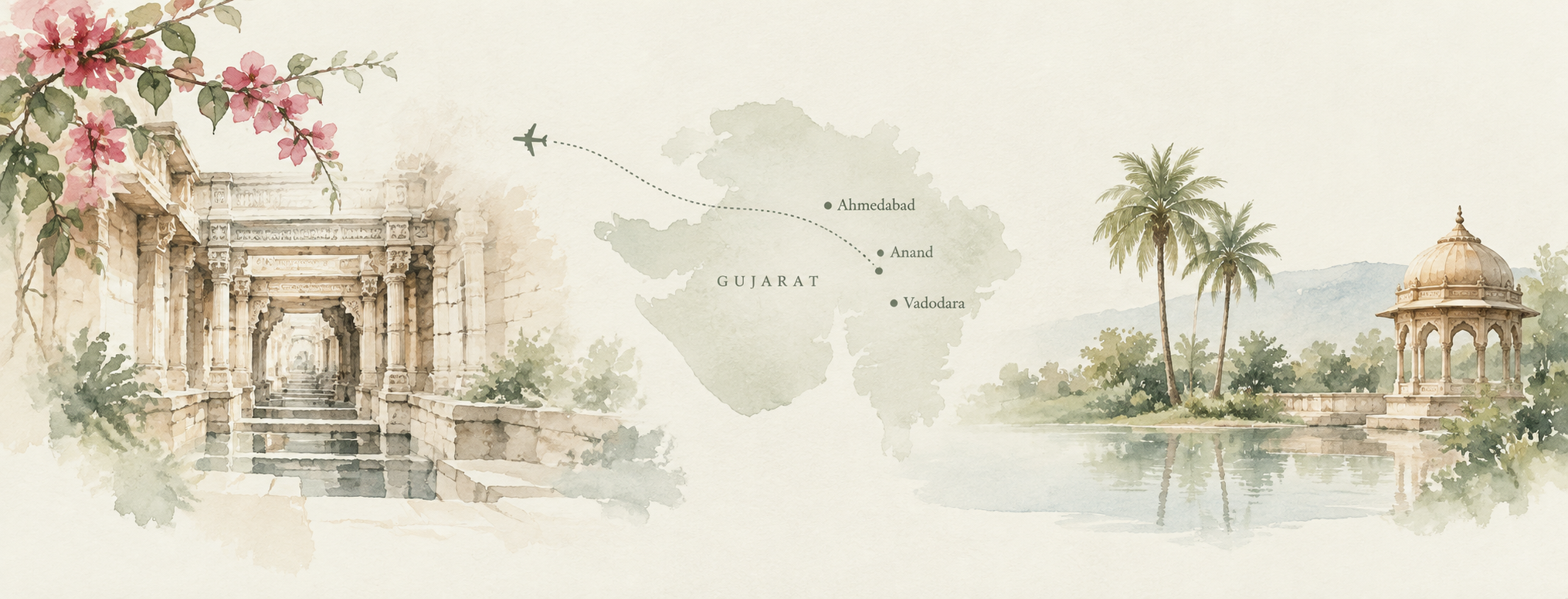 Watercolour illustration of a journey through Gujarat